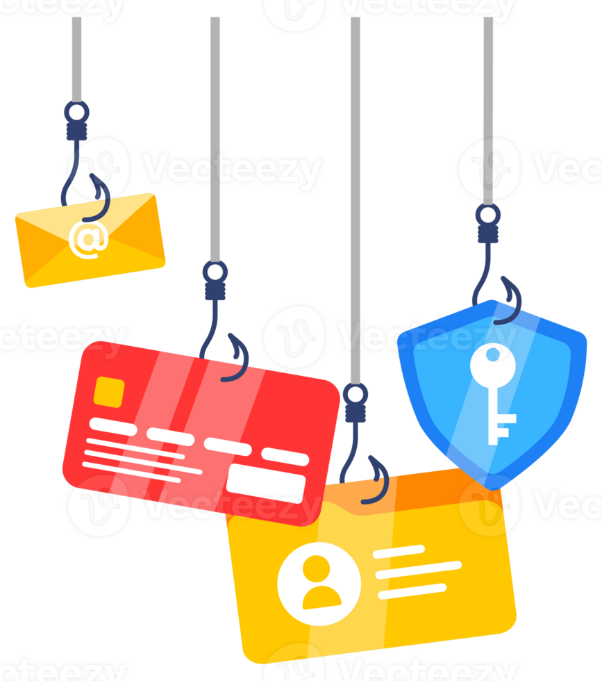 Phishing Scam Alert Concept. Phishing scam, hooks bait with email, card, and shield. illustration png