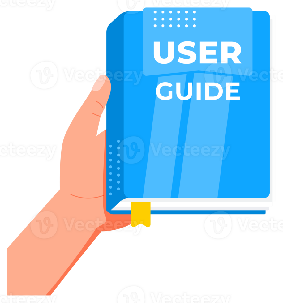 Hand holding user guide book with bookmark ribbon png