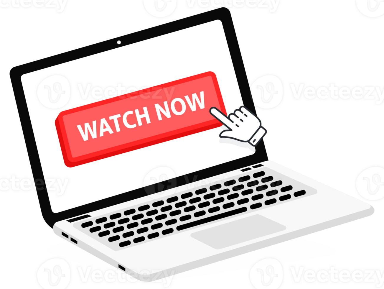 Watch now text on Laptop screen with a red button . Button with pointer clicking. Finger Pressing png