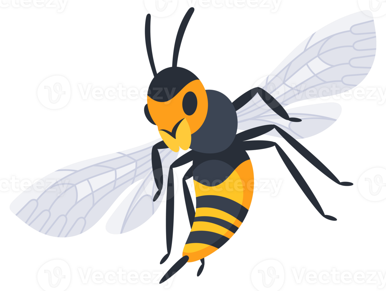 Four different cartoon style wasps flying and crawling with spread wings in different positions png