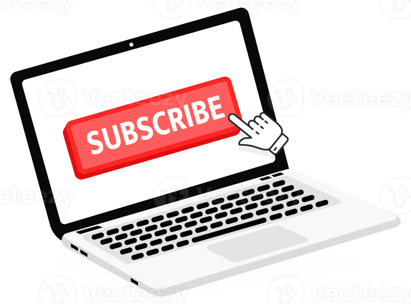 Subscribe text on Laptop screen with a red button . Button with pointer clicking. Finger Pressing png