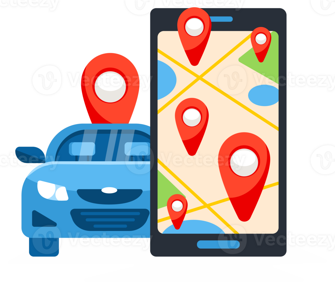 Online car rent and sharing service. Phone with location mark and smart car. illustration png