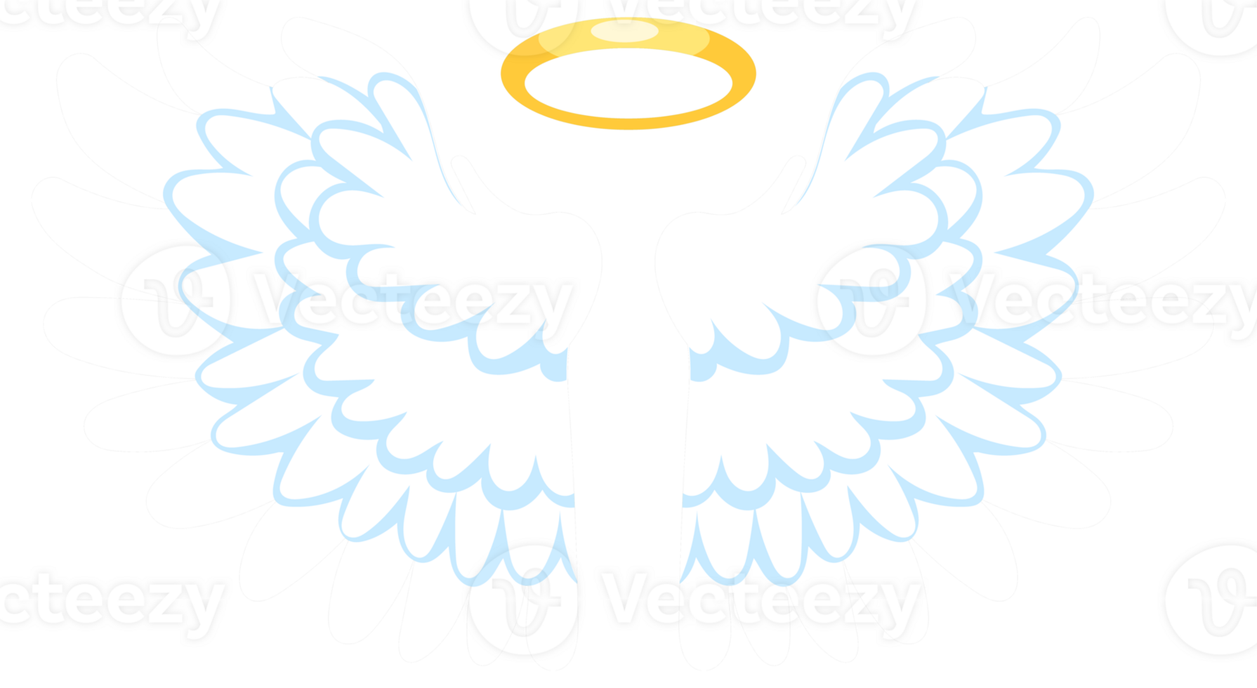 Six pairs of white angel wings with golden halo hovering on blue background png