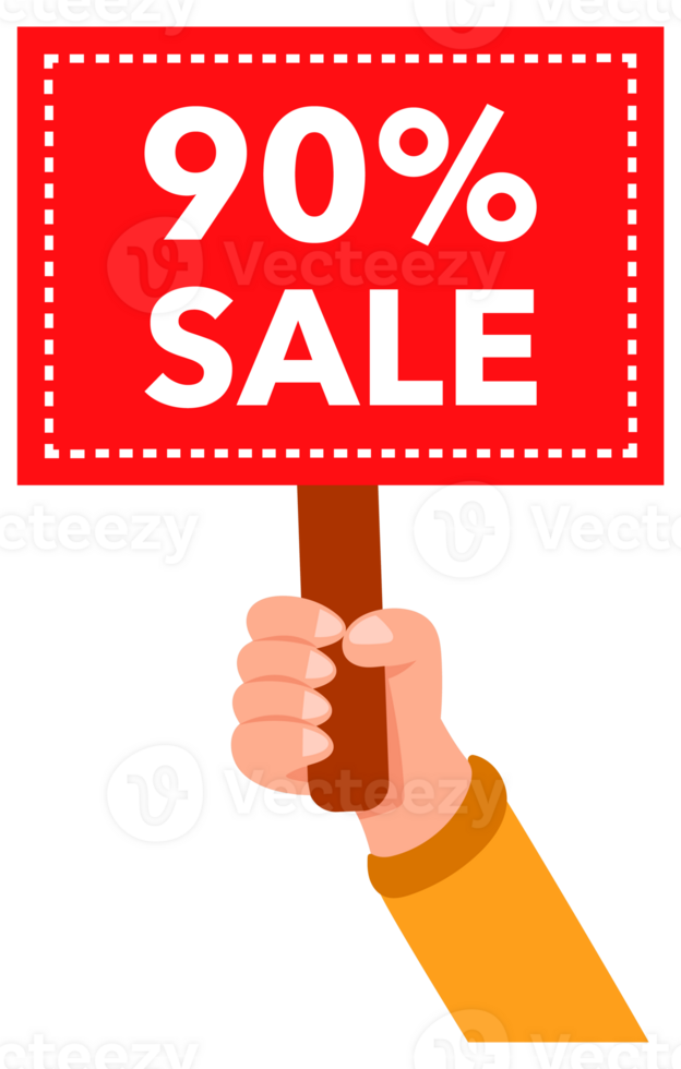 Hands holding ninety percent sale signs with different backgrounds png