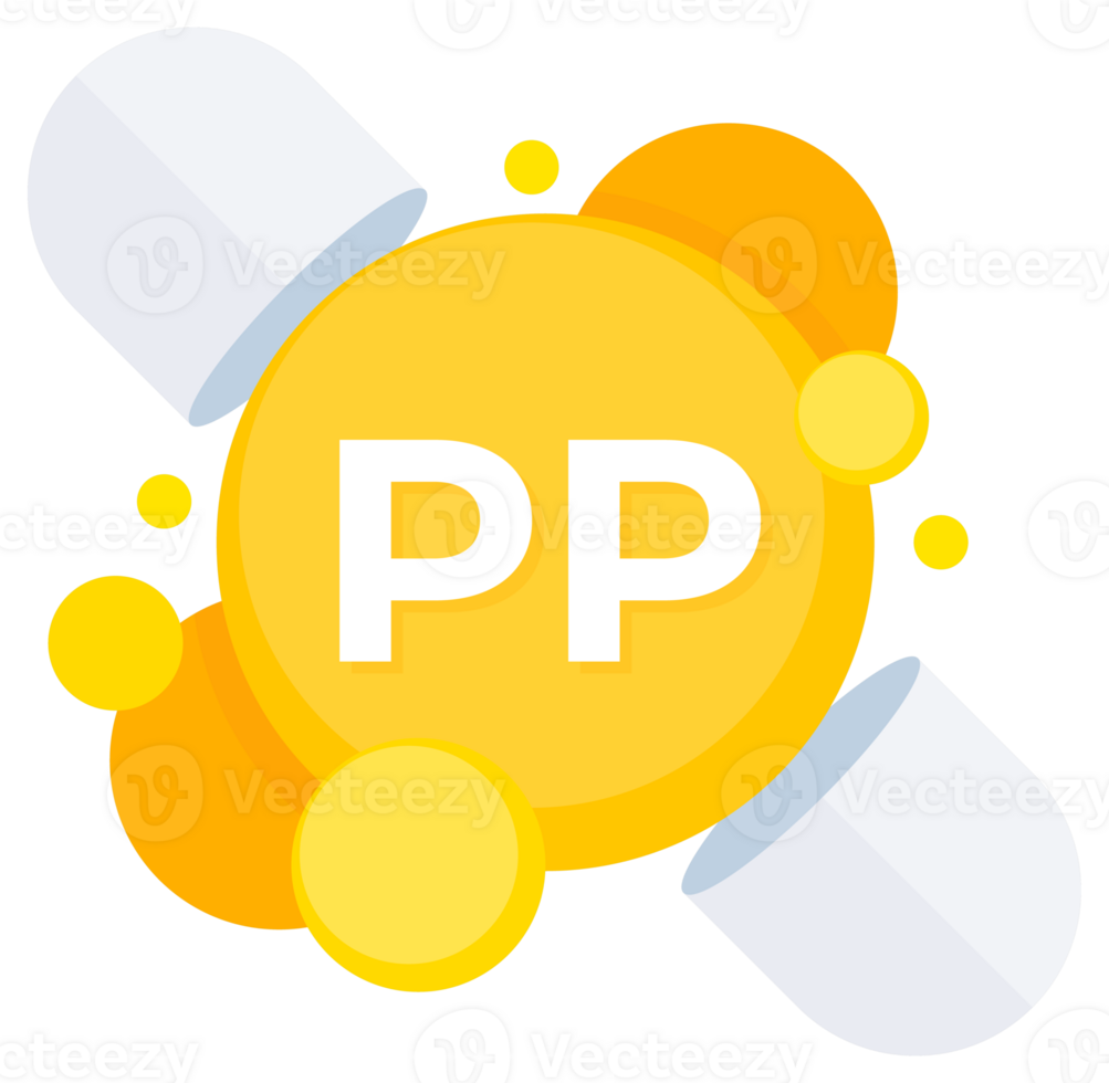 Vitamin B3 Niacin, also known as Vitamin PP capsules illustration for metabolic function and skin health png