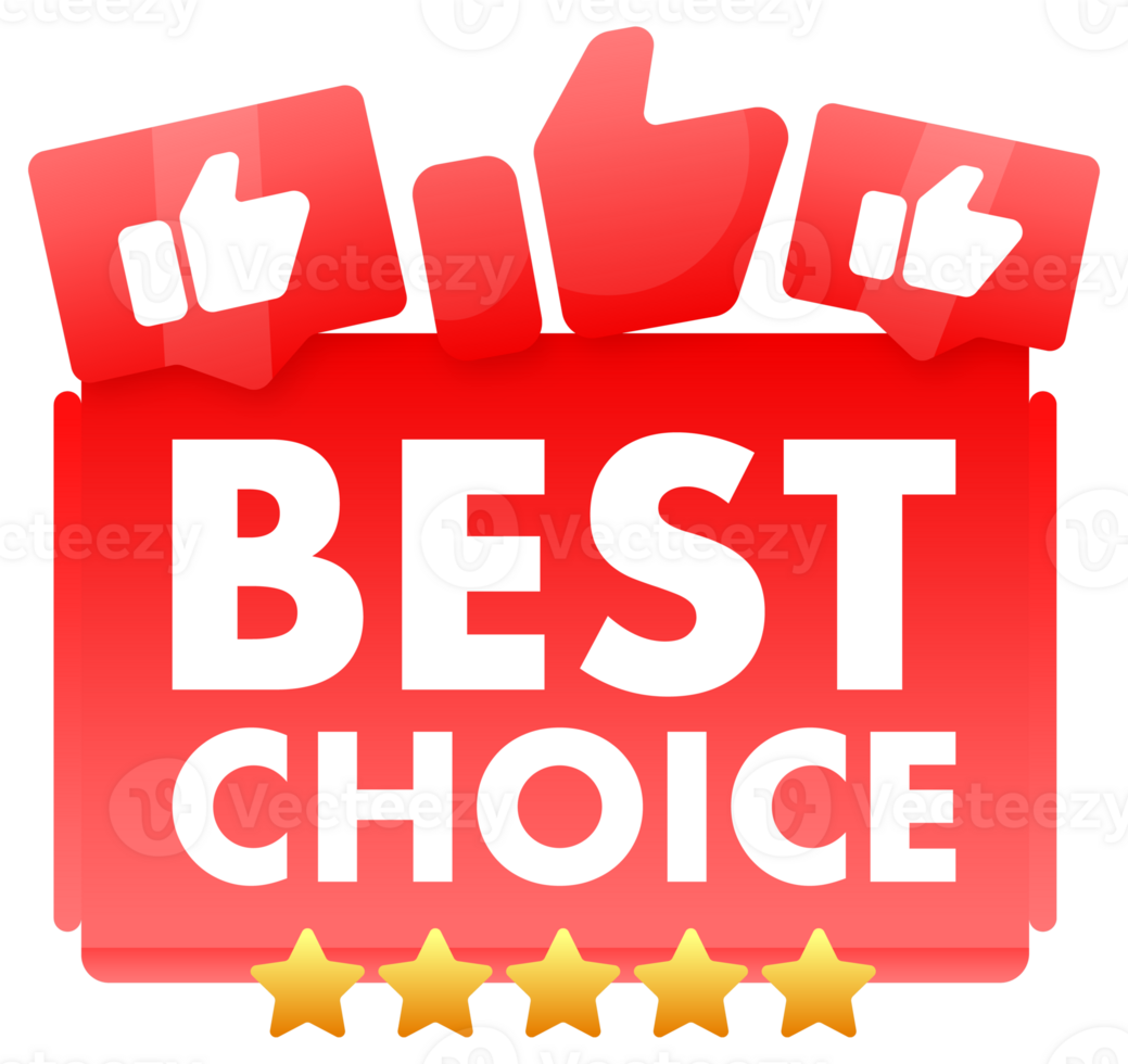 Bright red BEST CHOICE label with thumbs up and golden stars, symbolizing top selection and consumer preference png