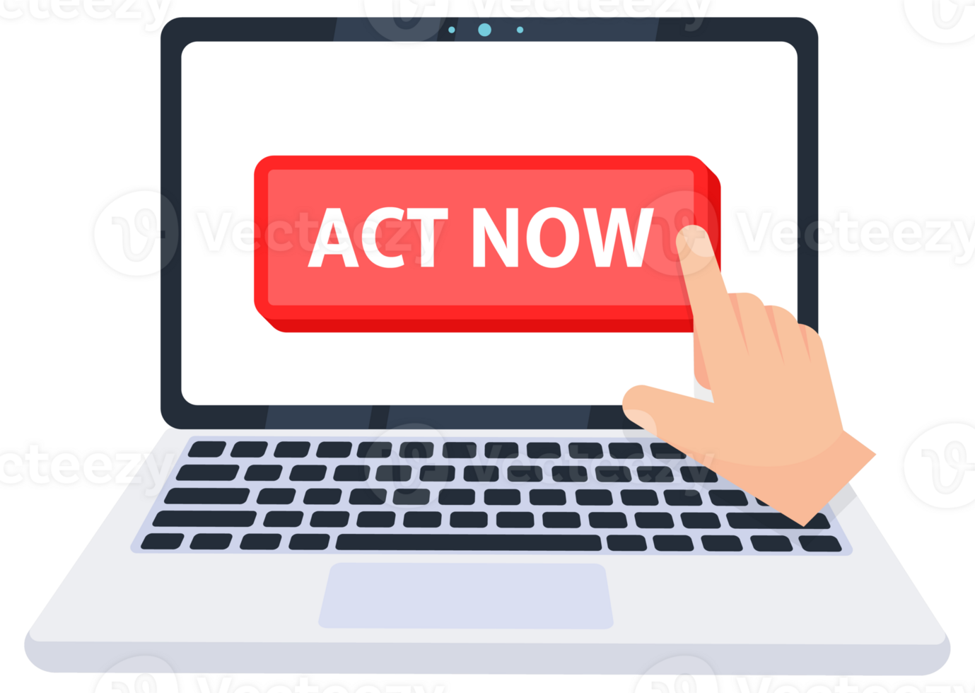 Hand pointer clicking on a act now button on a laptop screen. illustration png