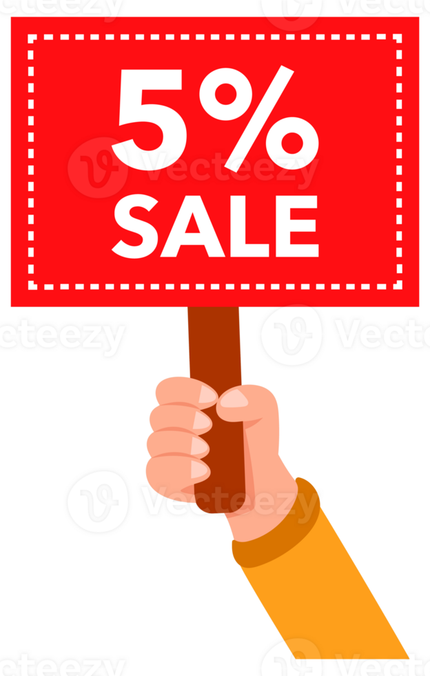 Hands holding red five percent sale signs, banners and placards in a set collection png