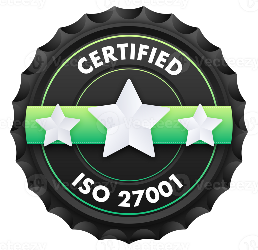 ISO 27001 standard certificate badge. Quality control. International Organization for Standardization. illustration png