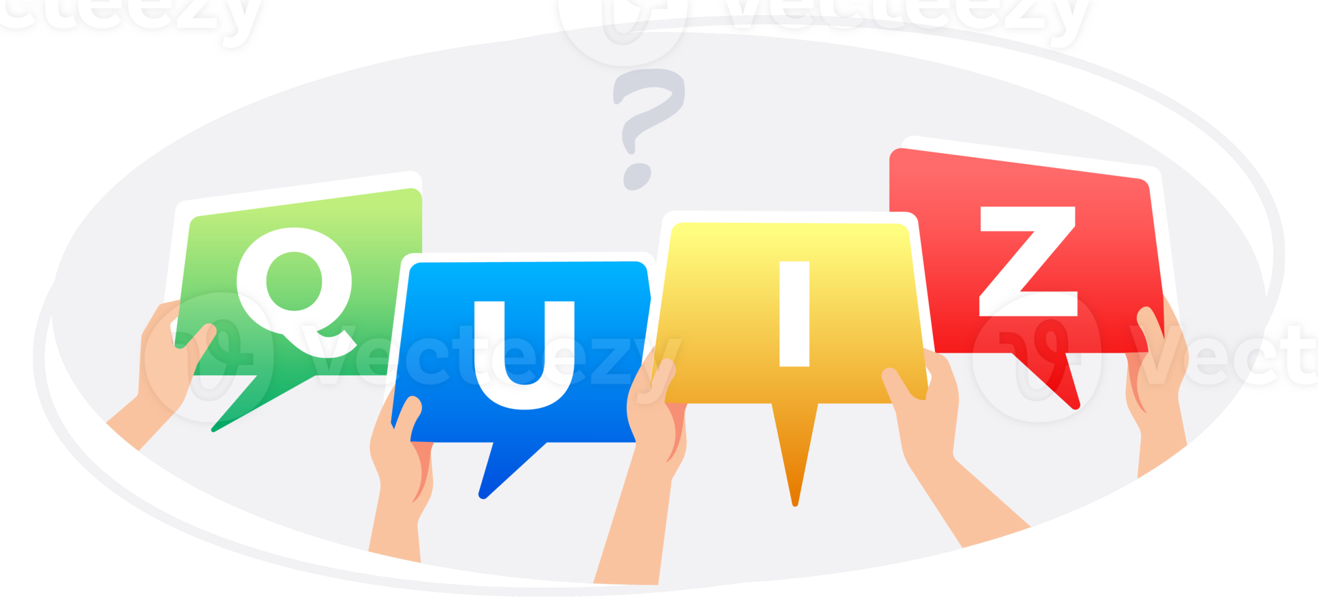 People holding speech bubbles forming quiz word with question mark png