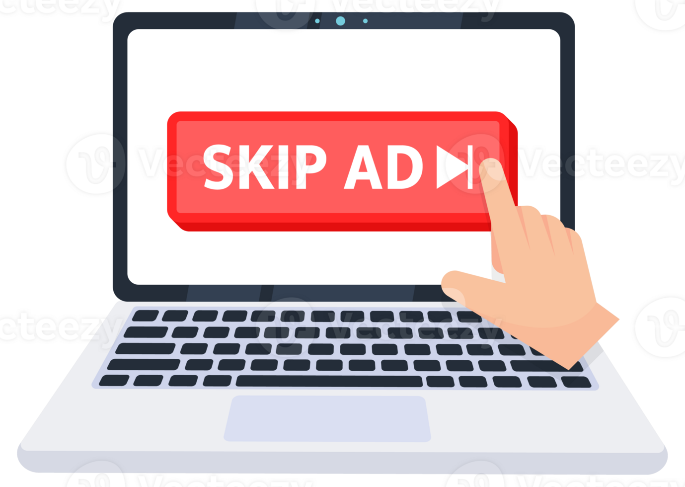 Hand pointer clicking on a skip ad button on a laptop screen. illustration png