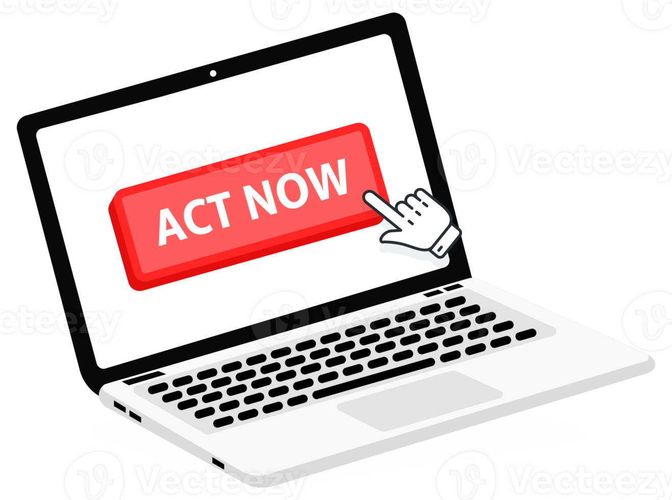 Act now text on Laptop screen with a red button . Button with pointer clicking. Finger Pressing png