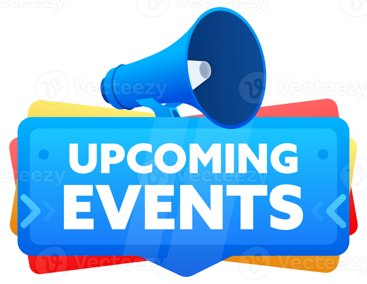 Upcoming events. Badge with megaphone banner, label. Marketing and advertising. illustration png