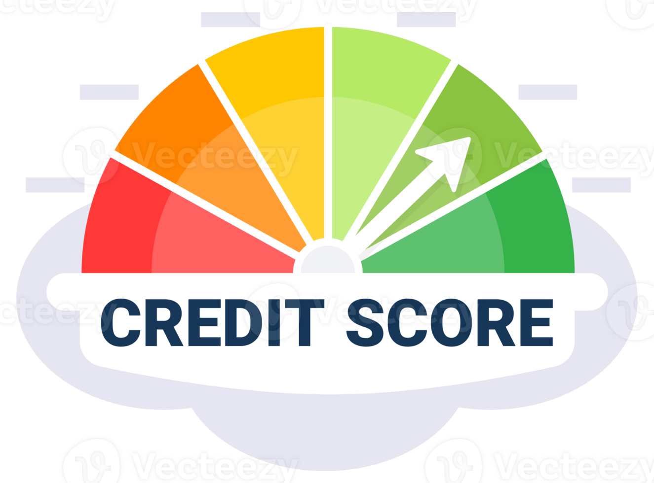 Vibrant gauge showing credit score status with arrow pointing towards green for good credit on a white background png
