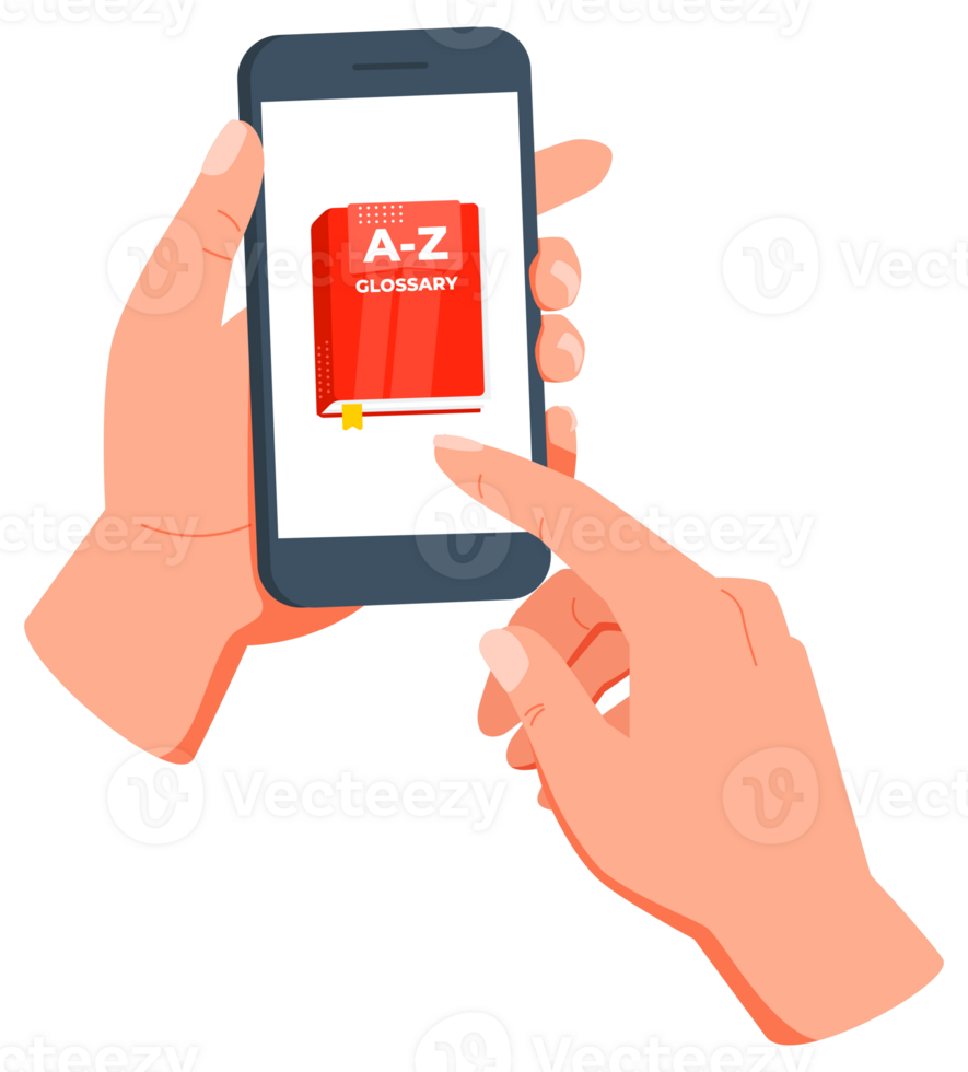 Hands holding a smartphone and browsing an online glossary, using a mobile app for reading and education png