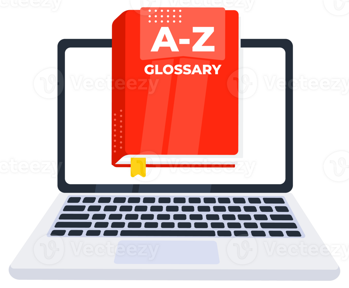 A z glossary book coming out of a laptop screen, providing definition and explanation service through internet png