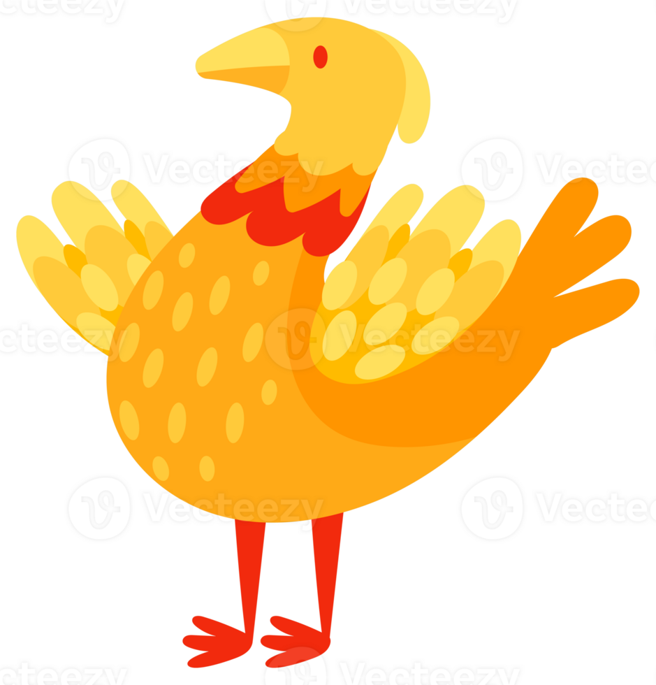 Four colorful birds standing on thin legs with wings spread wide and smiling happily png