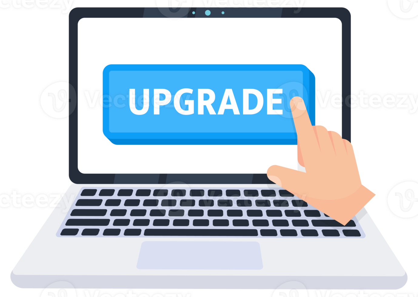 Hand pointer clicking on a upgrade button on a laptop screen. illustration png