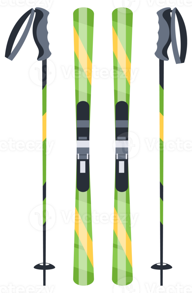 Pair of green mountain skis and ski poles standing upright png