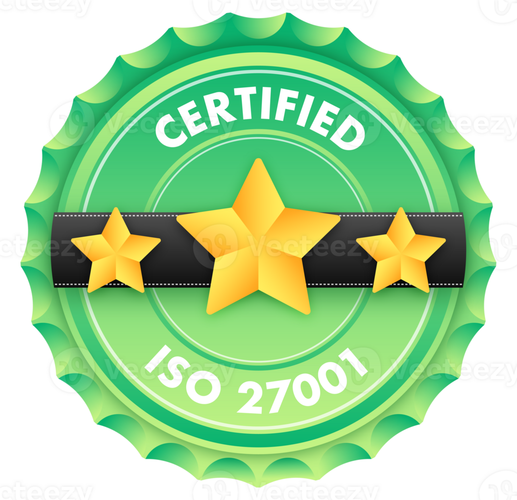 ISO 27001 standard certificate badge. Quality control. International Organization for Standardization. illustration png