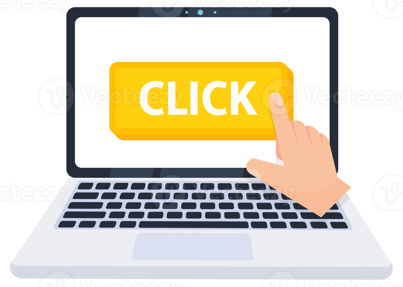 Hand pointer clicking on a click button on a laptop screen. illustration png