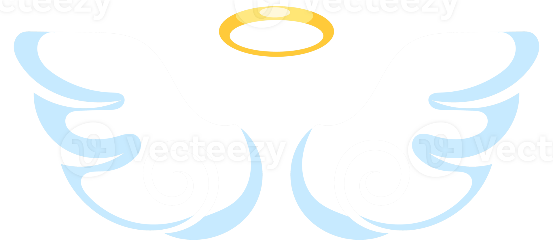 Six pairs of white angel wings with golden halo hovering on blue background png