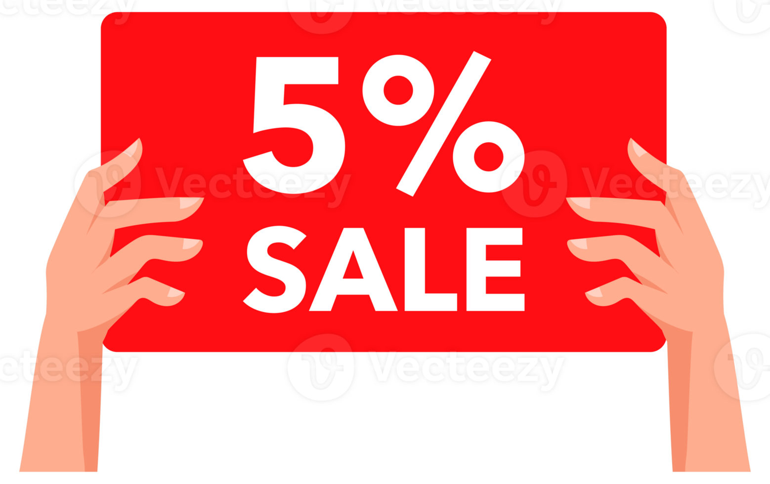 Hands holding red five percent sale signs, banners and placards in a set collection png