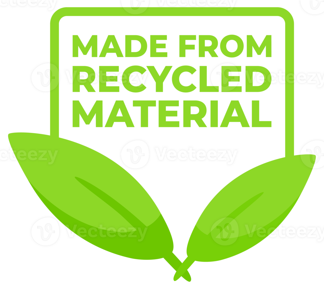 Set of labels indicating products are made from recycled material, featuring a green color scheme and leaf emblem for eco-awareness. png