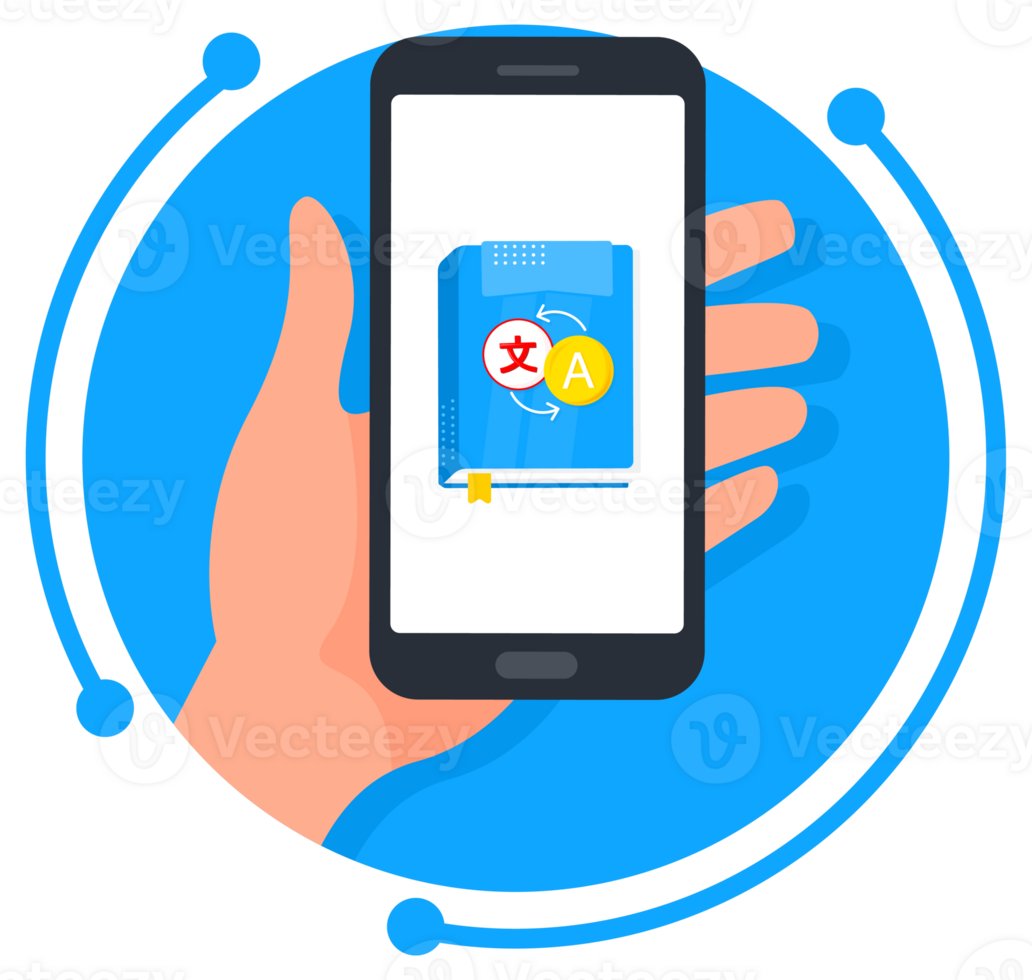 Illustration of a hand holding a smartphone with a language translator app open, symbolizing the ease of global communication and learning png