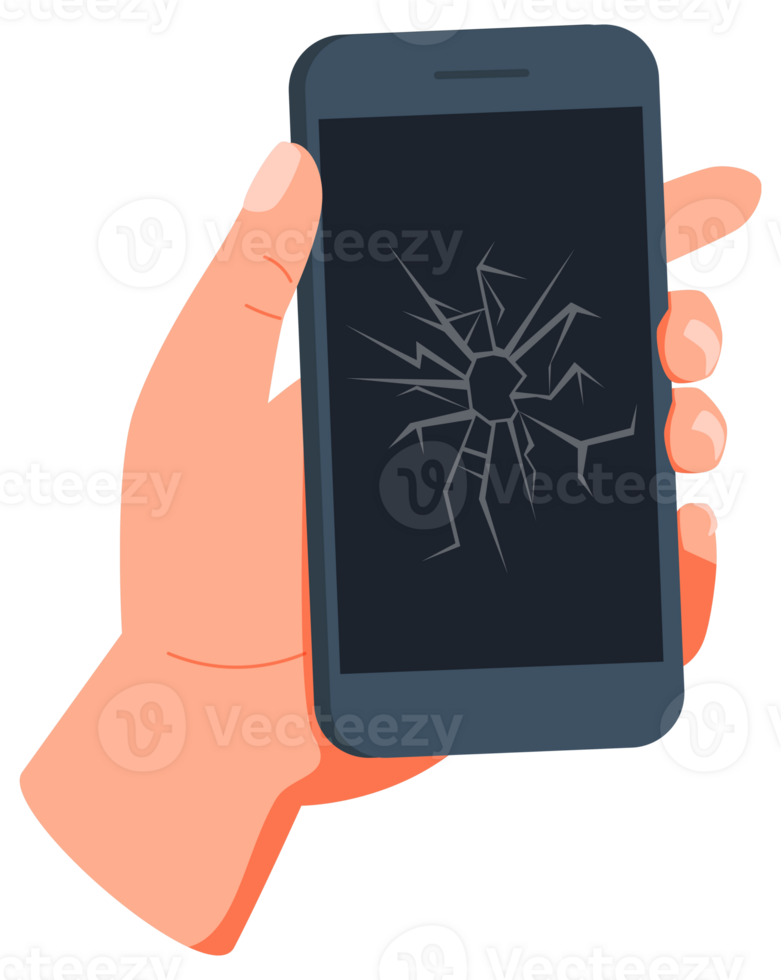 Hands holding smartphones with different damaged screens png