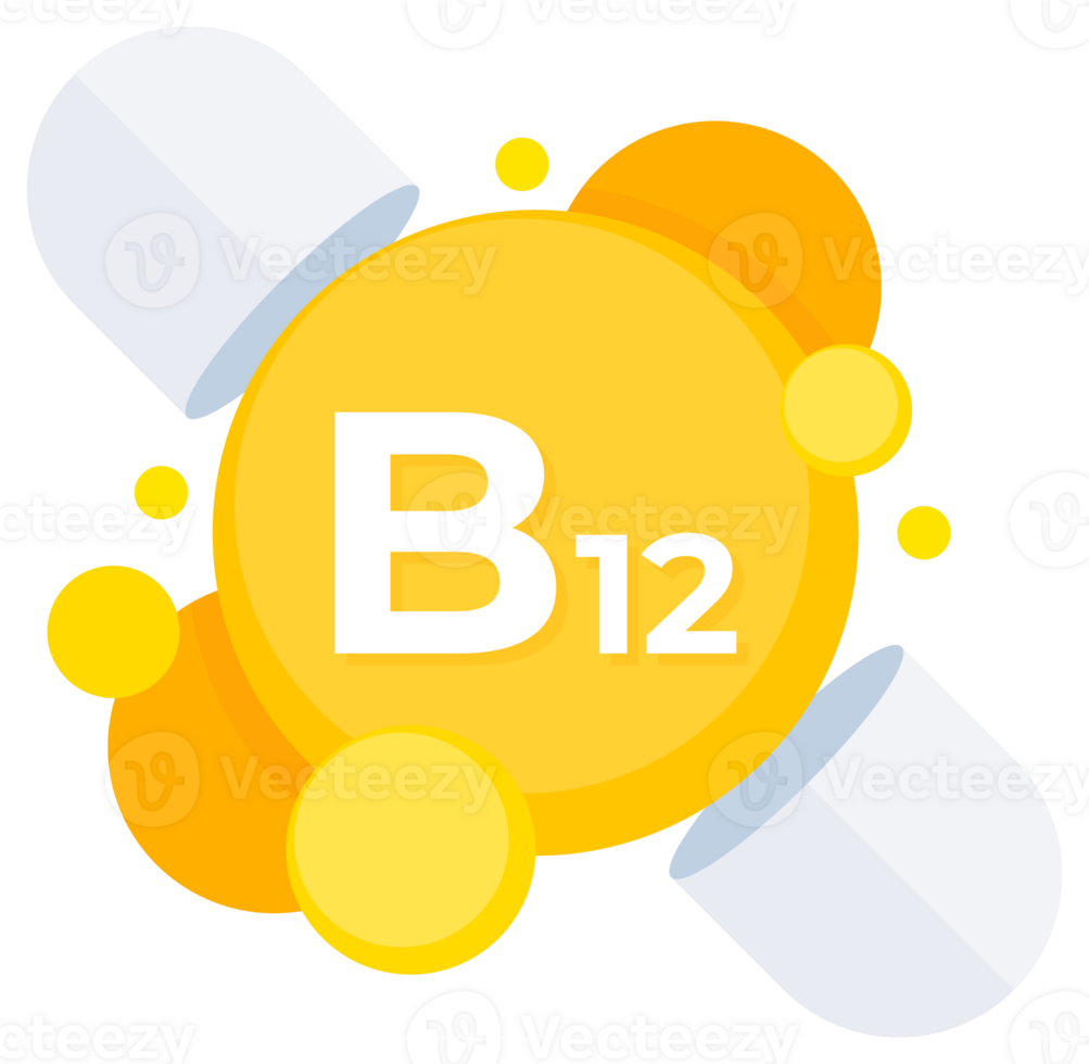 Vitamin B12 supplement capsules depicted in vibrant yellow for energy and metabolic function support png