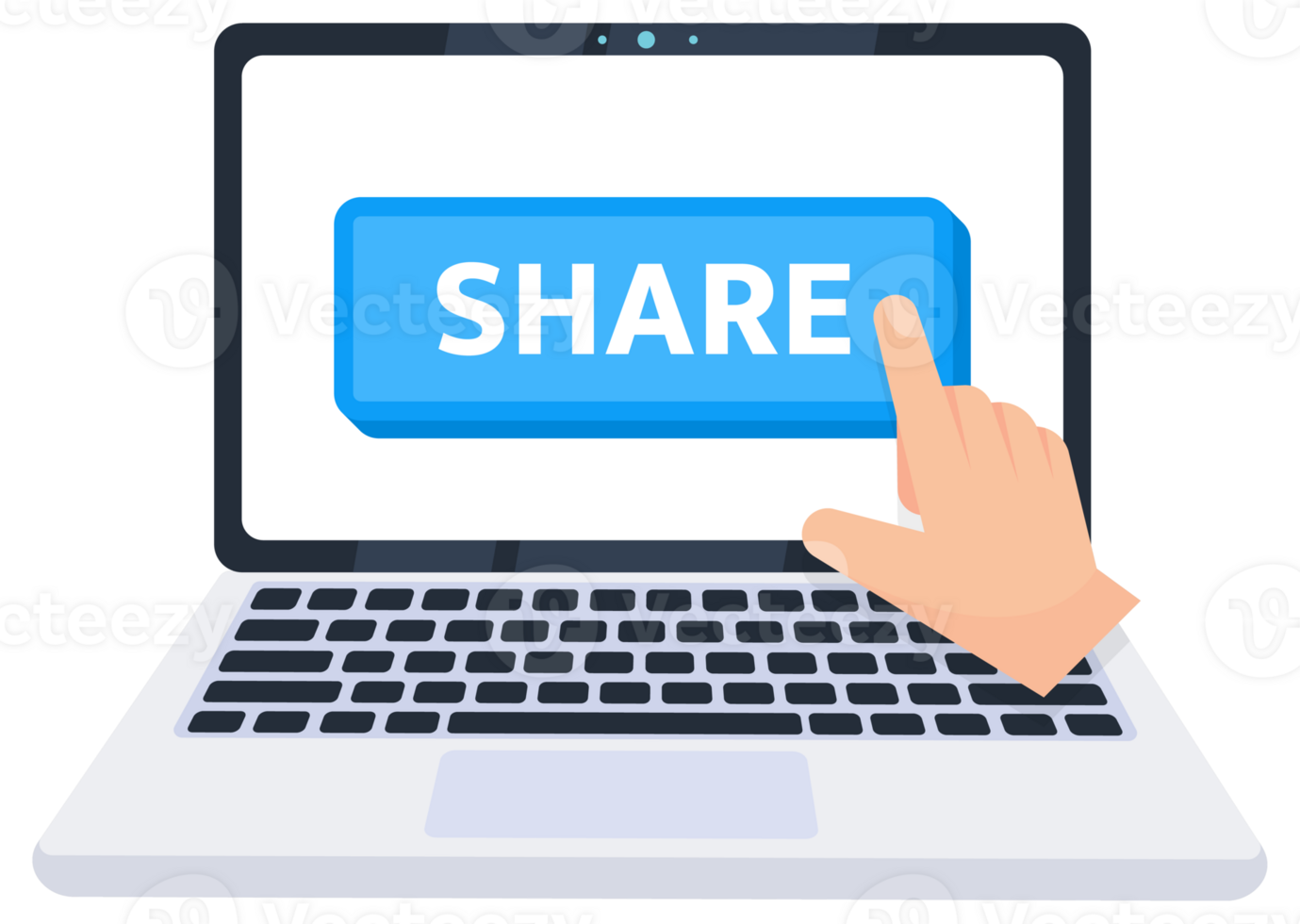 Hand pointer clicking on a share button on a laptop screen. illustration png