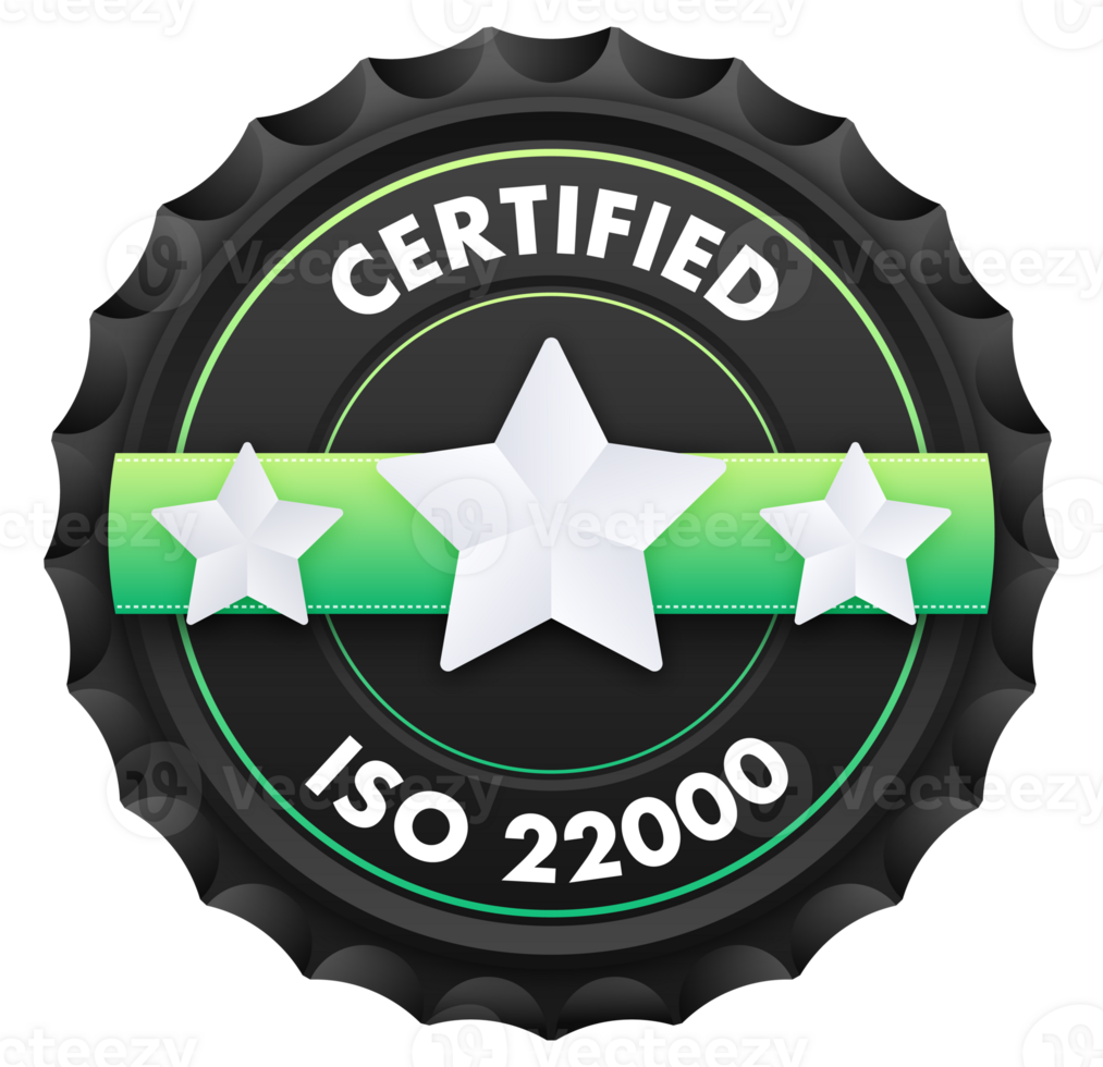 ISO 22000 standard certificate badge. Quality control. International Organization for Standardization. Food safety management. illustration png
