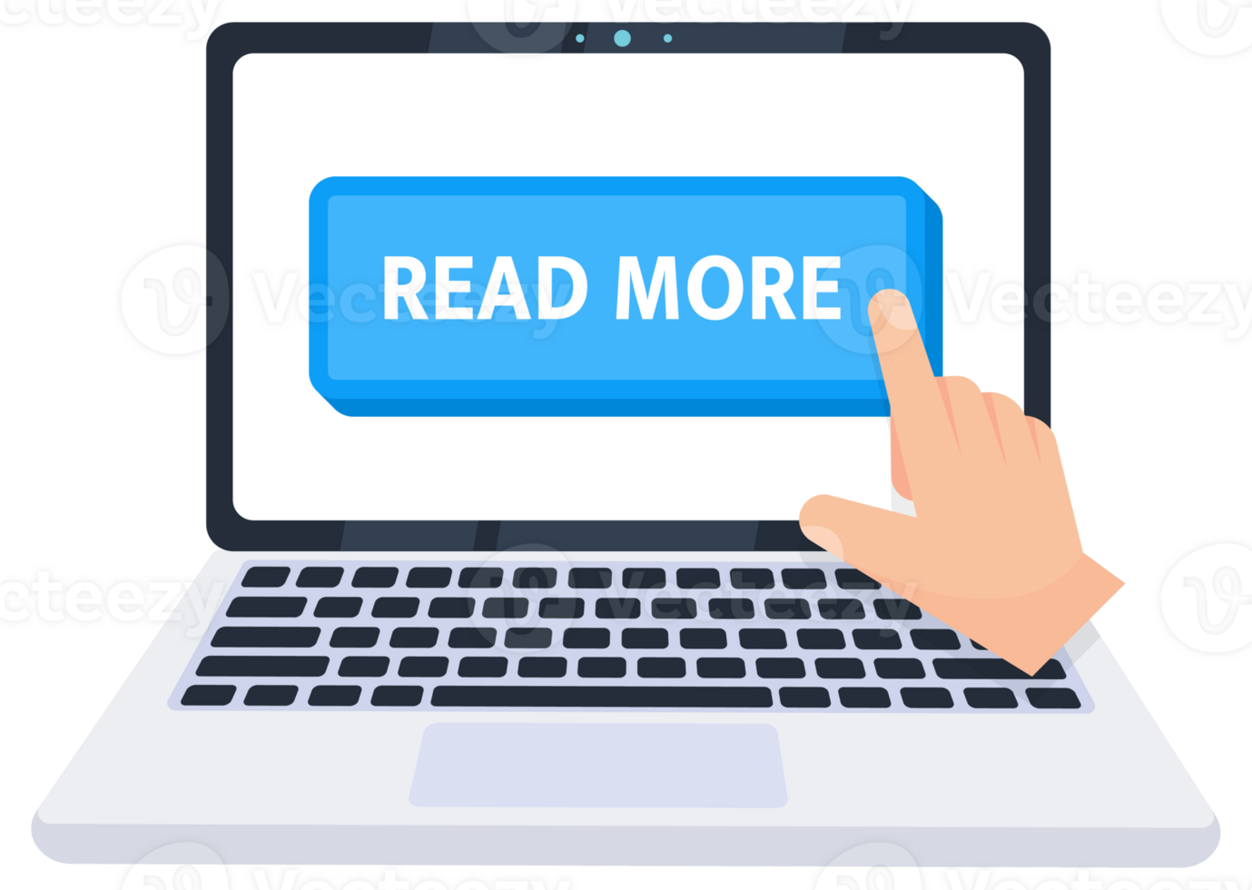 Hand pointer clicking on a read more button on a laptop screen. illustration png