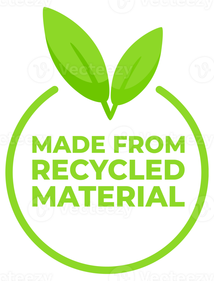 Set of labels indicating products are made from recycled material, featuring a green color scheme and leaf emblem for eco-awareness. png