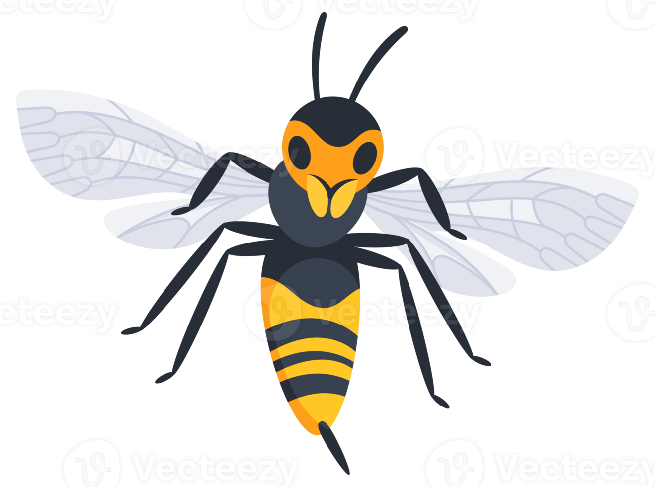 Four different cartoon style wasps flying and crawling with spread wings in different positions png
