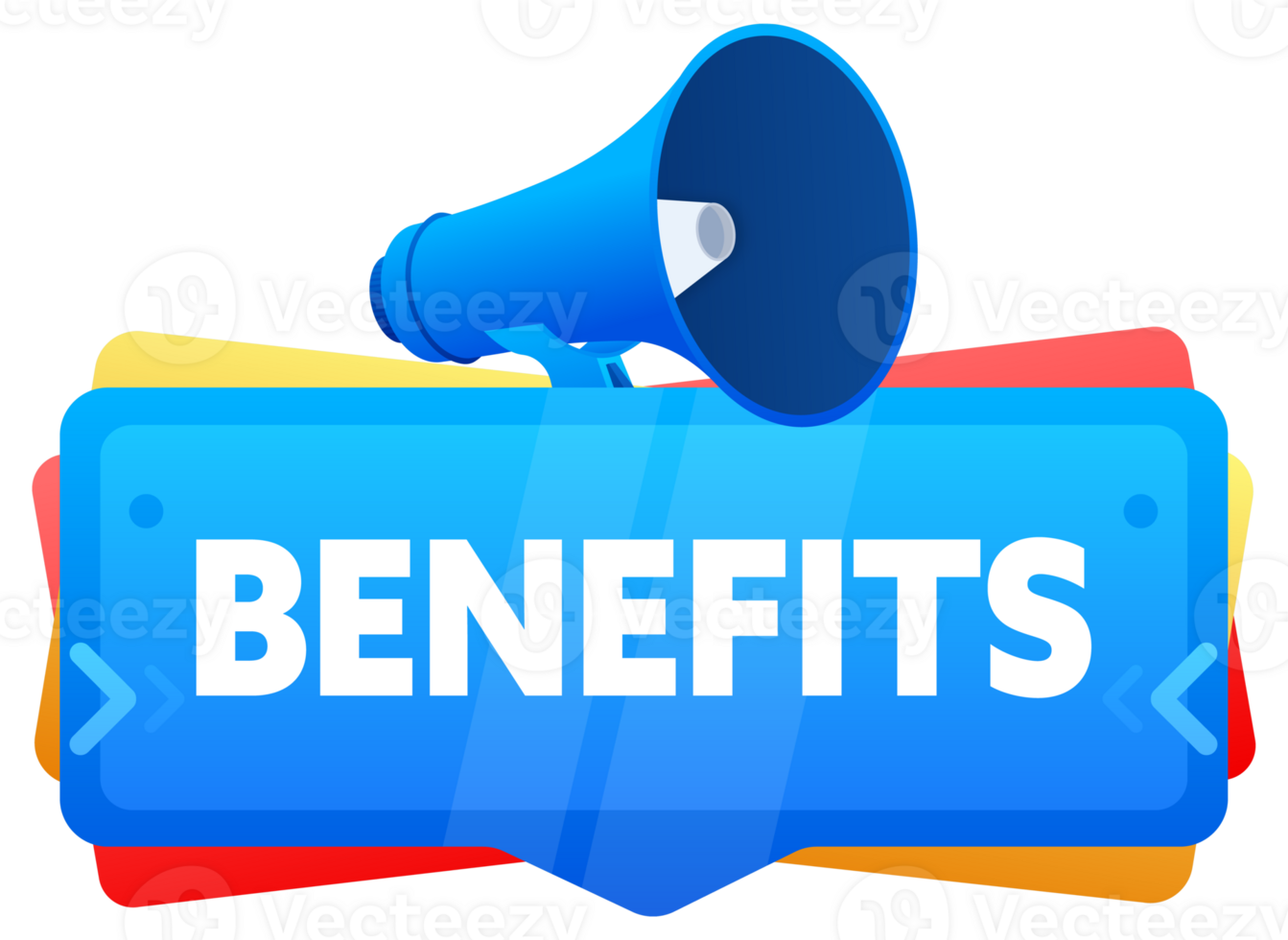 Loudspeaker broadcasting the word Benefits, suitable for workplace announcements. illustration png