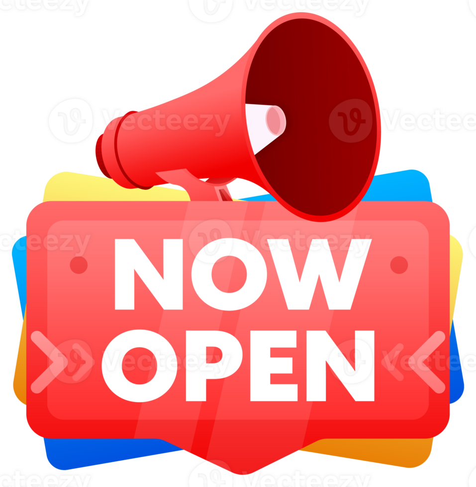 Open now. Badge with megaphone banner, label. Marketing and advertising. illustration png