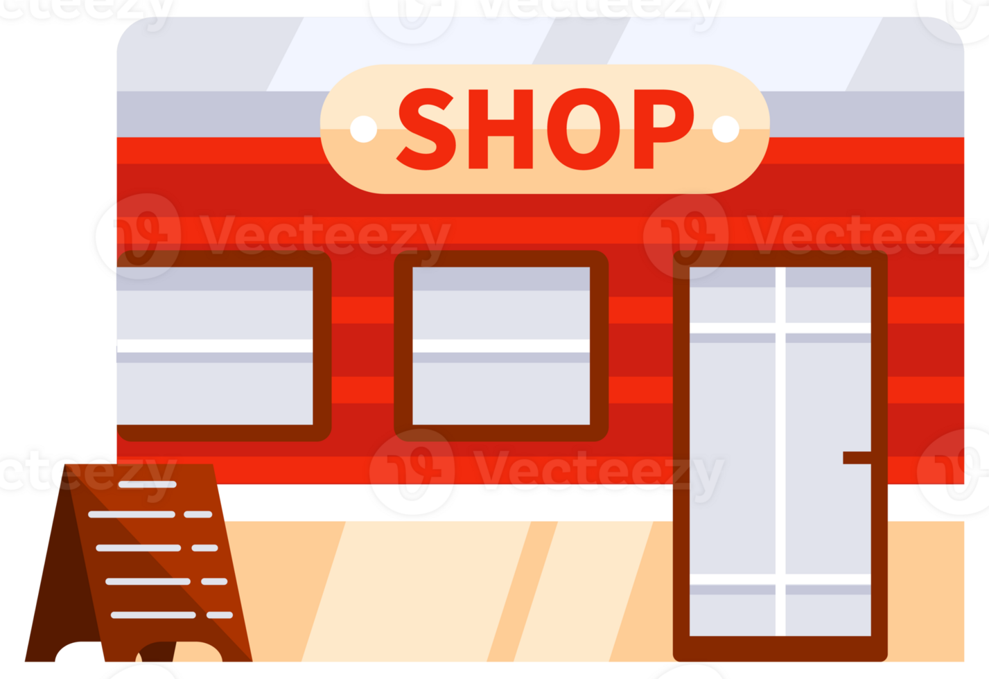 Set of shops and markets with large windows for displaying goods, with a signboard on the facade, isolated on white png