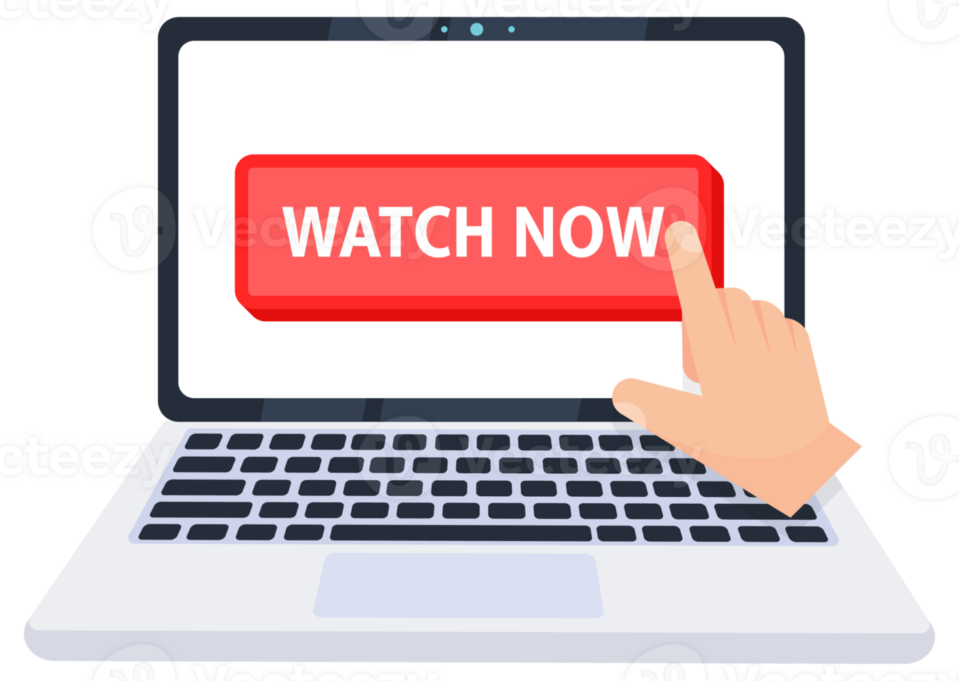 Hand pointer clicking on a watch now button on a laptop screen. illustration png