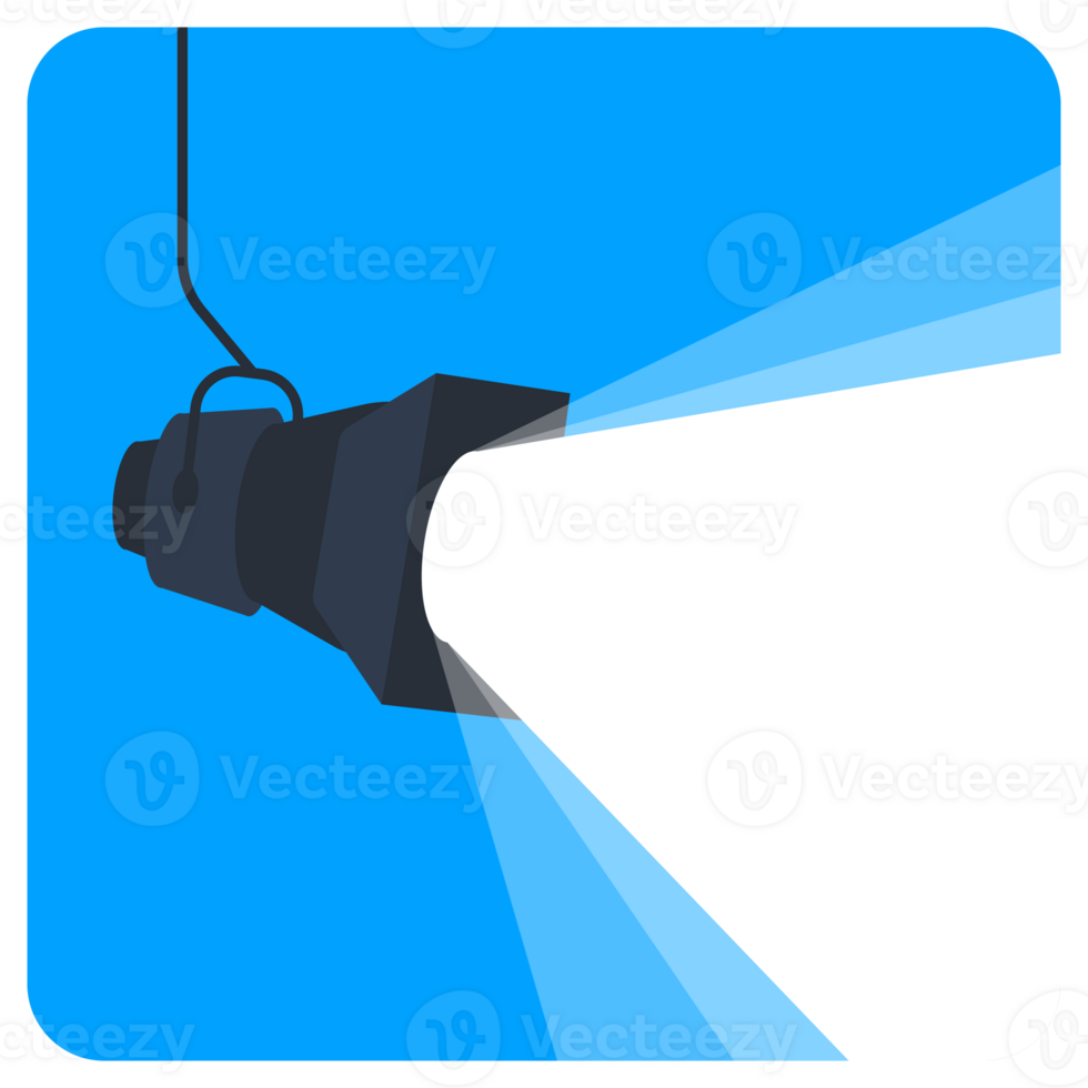 Bright spotlight shining on empty stage against blue background, drawing attention to single equipment. Simple design with abstract shapes provides copy space png