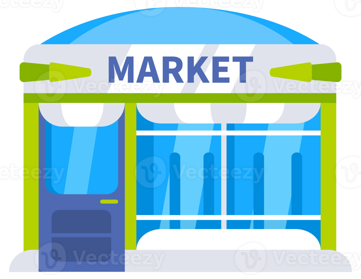 Set of shops and markets with large windows for displaying goods, with a signboard on the facade, isolated on white png