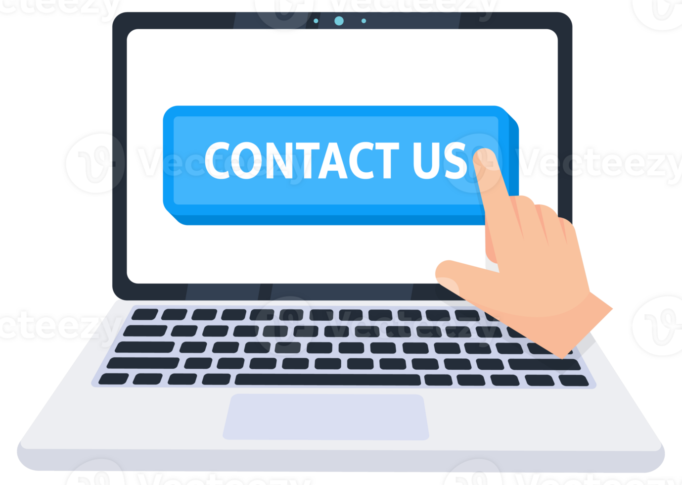 Hand pointer clicking on a Contact Us button on a laptop screen. illustration png