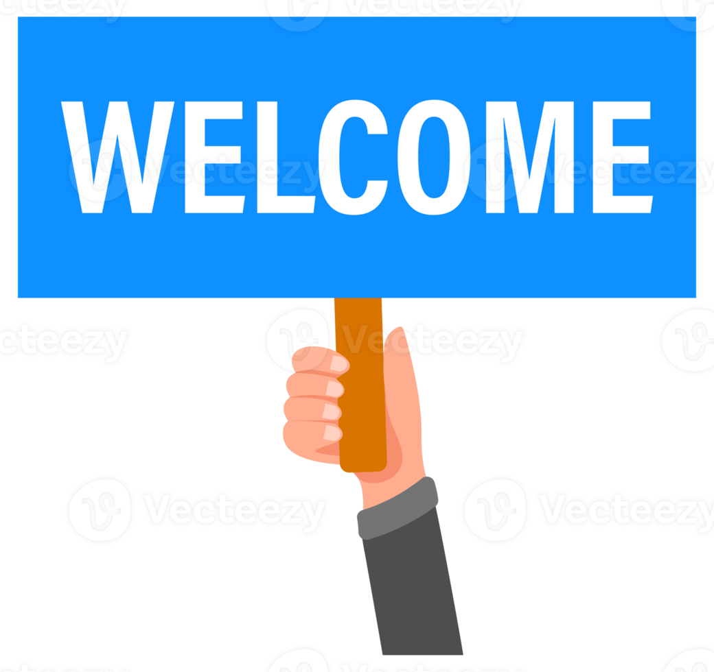 Hands holding welcome signs greeting concept in flat style png