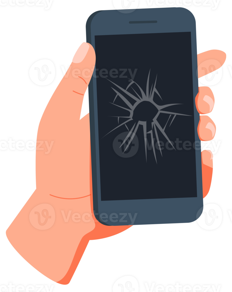 Hands holding smartphones with different damaged screens png