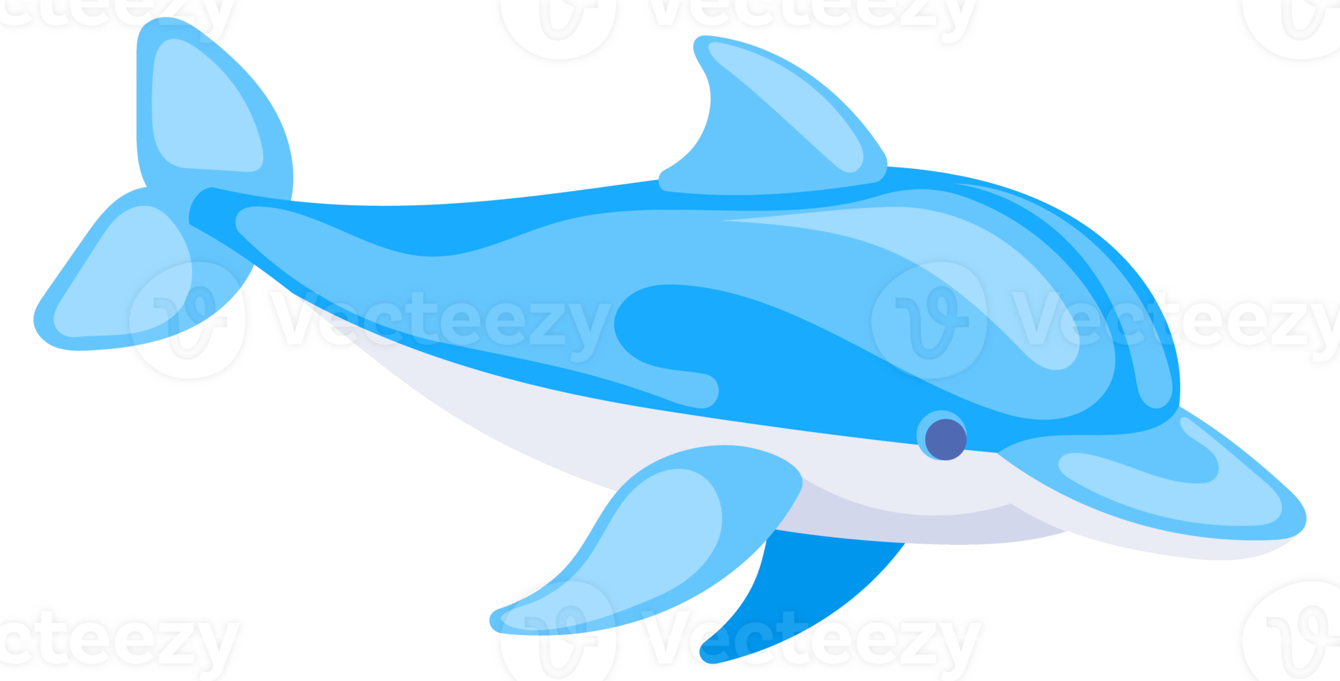 Four cute cartoon dolphins in different poses swimming and jumping on a white background png