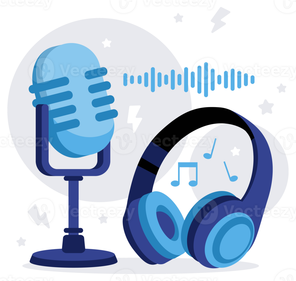 Podcast equipment with a microphone and headphones, ideal for content creation and audio broadcasting themes png