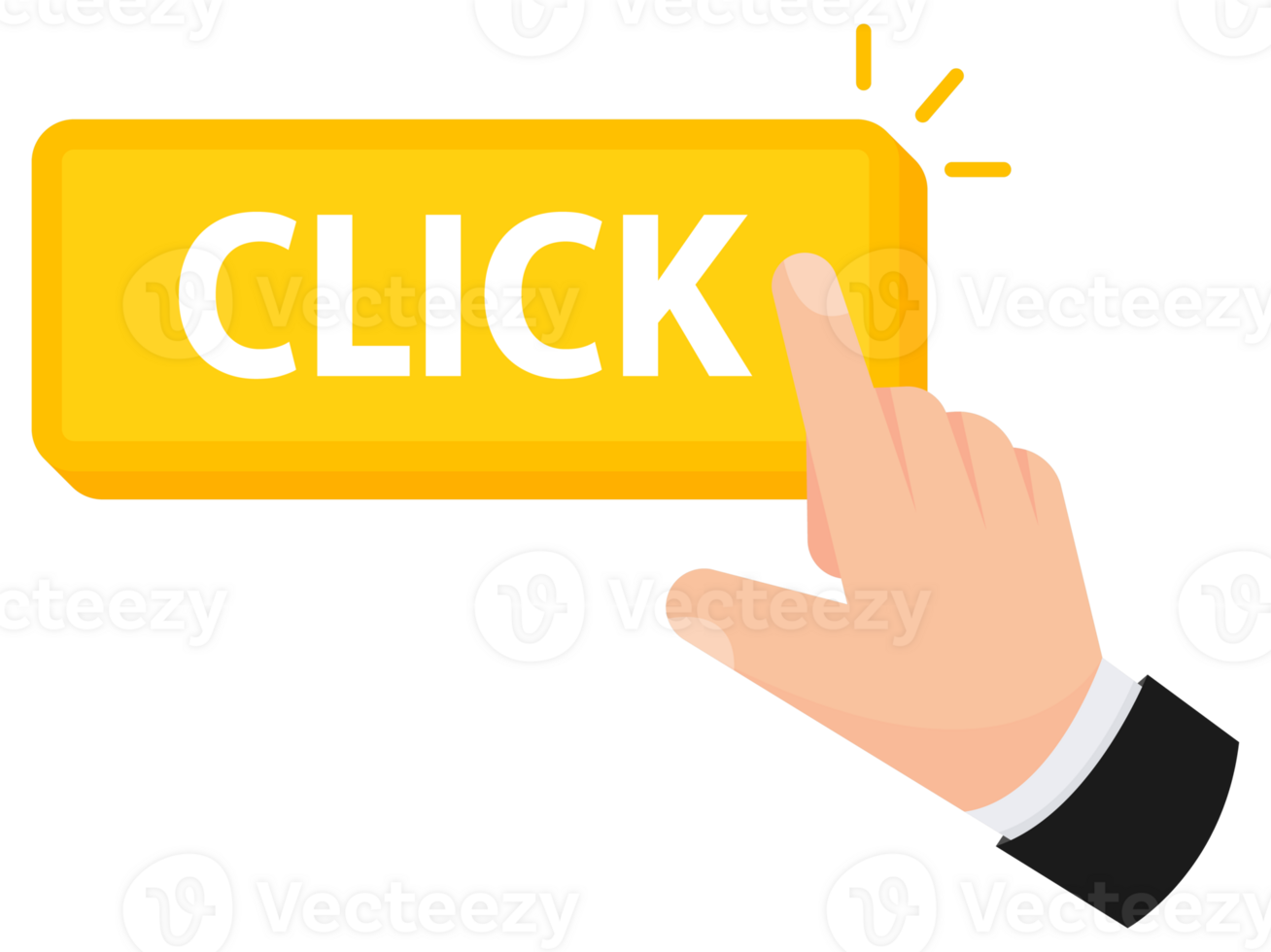 illustration of a hand pointing to a vibrant yellow Click button, signifying a call to action png