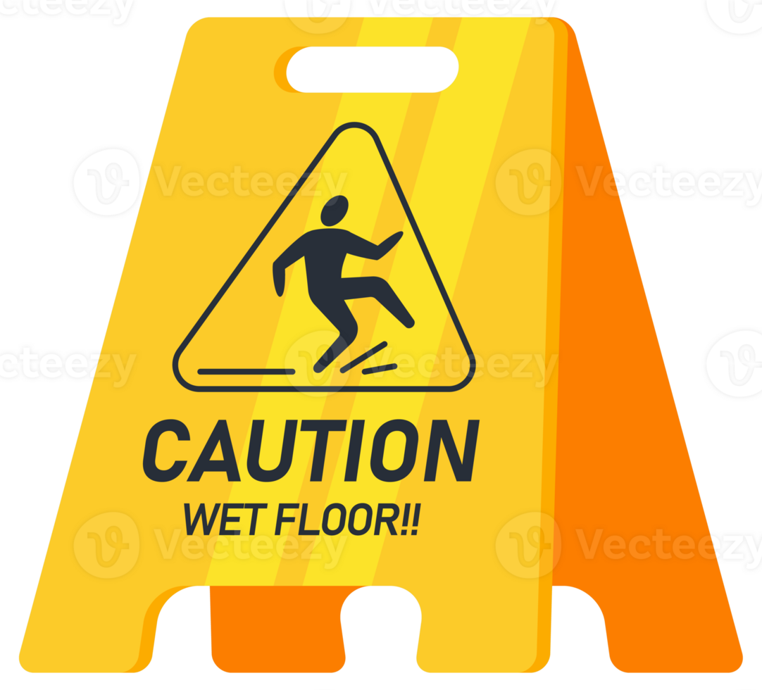 Caution wet floor, floor sign. Public warning yellow symbol. Slippery surface beware plastic board. illustration png