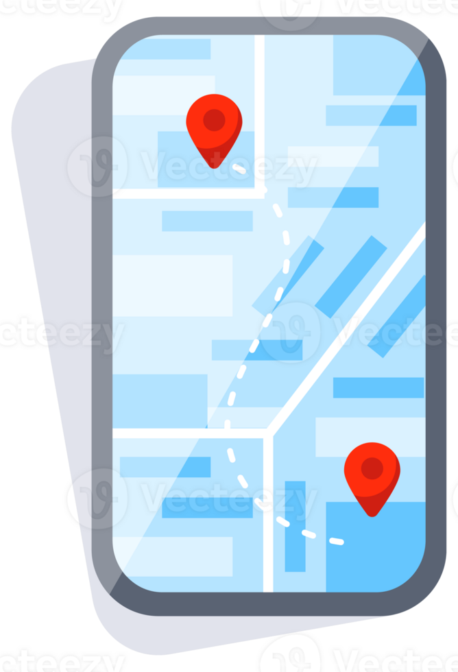 Set of location icons showing different map styles on smartphone and paper for navigation png